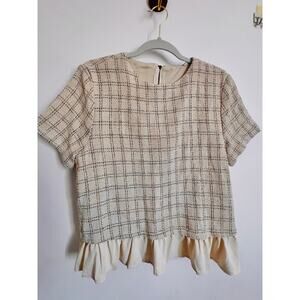 Petallush XL Tweed Plaid Short Sleeve Ruffle Hem Blouse Top NWT